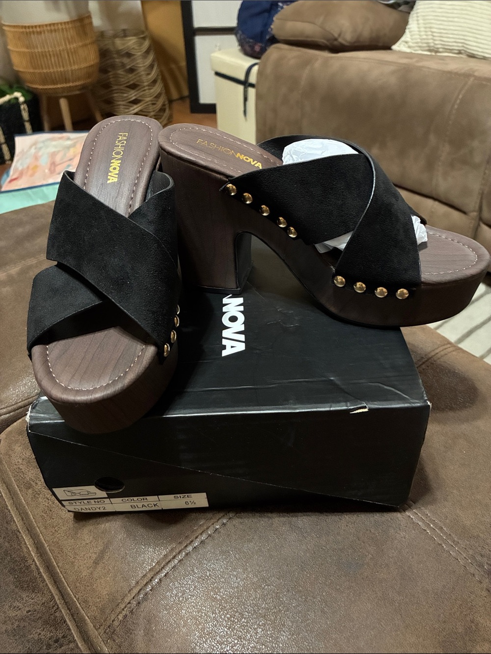 Fashion Nova Black Crisscross Studded Platform Mules